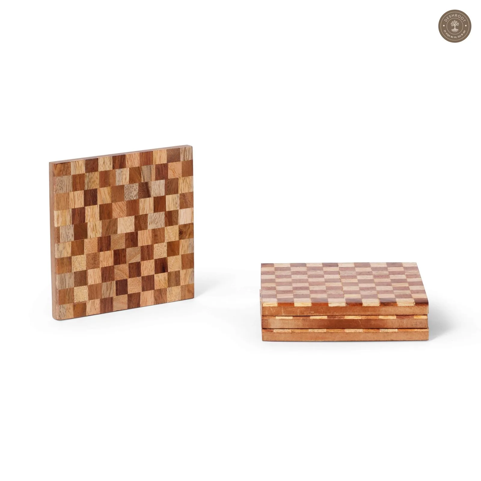 Wooden Mosaic Coaster Set Handcrafted MDF & Wood