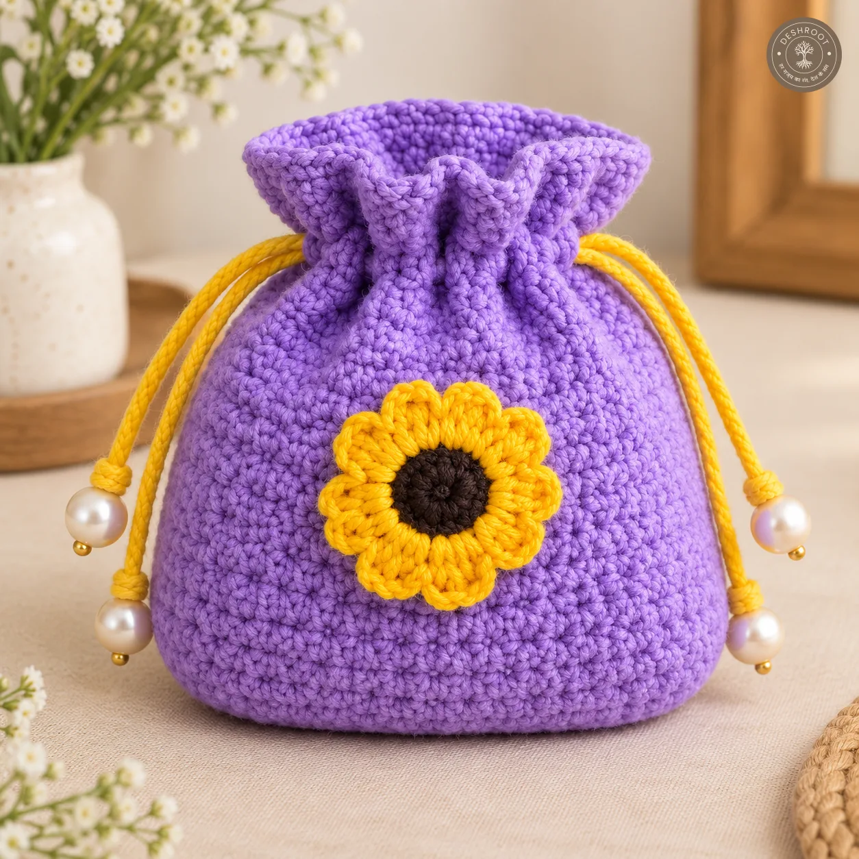 Handmade Crochet Sunflower Drawstring Pouch