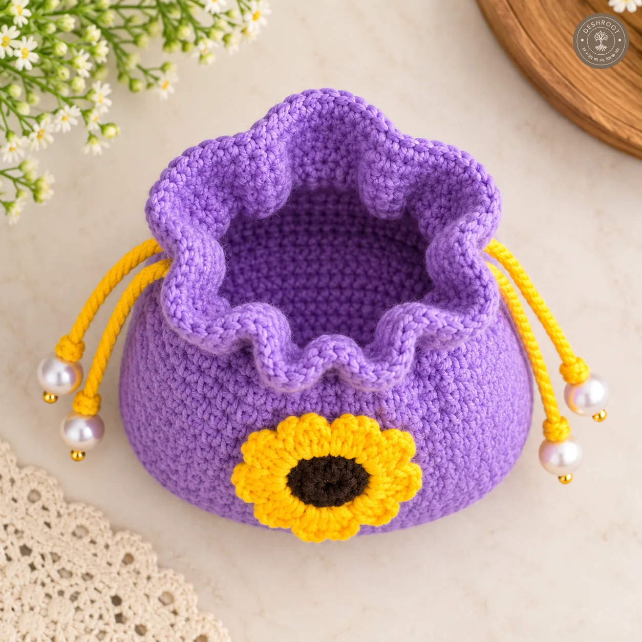 Handmade Crochet Sunflower Drawstring Pouch