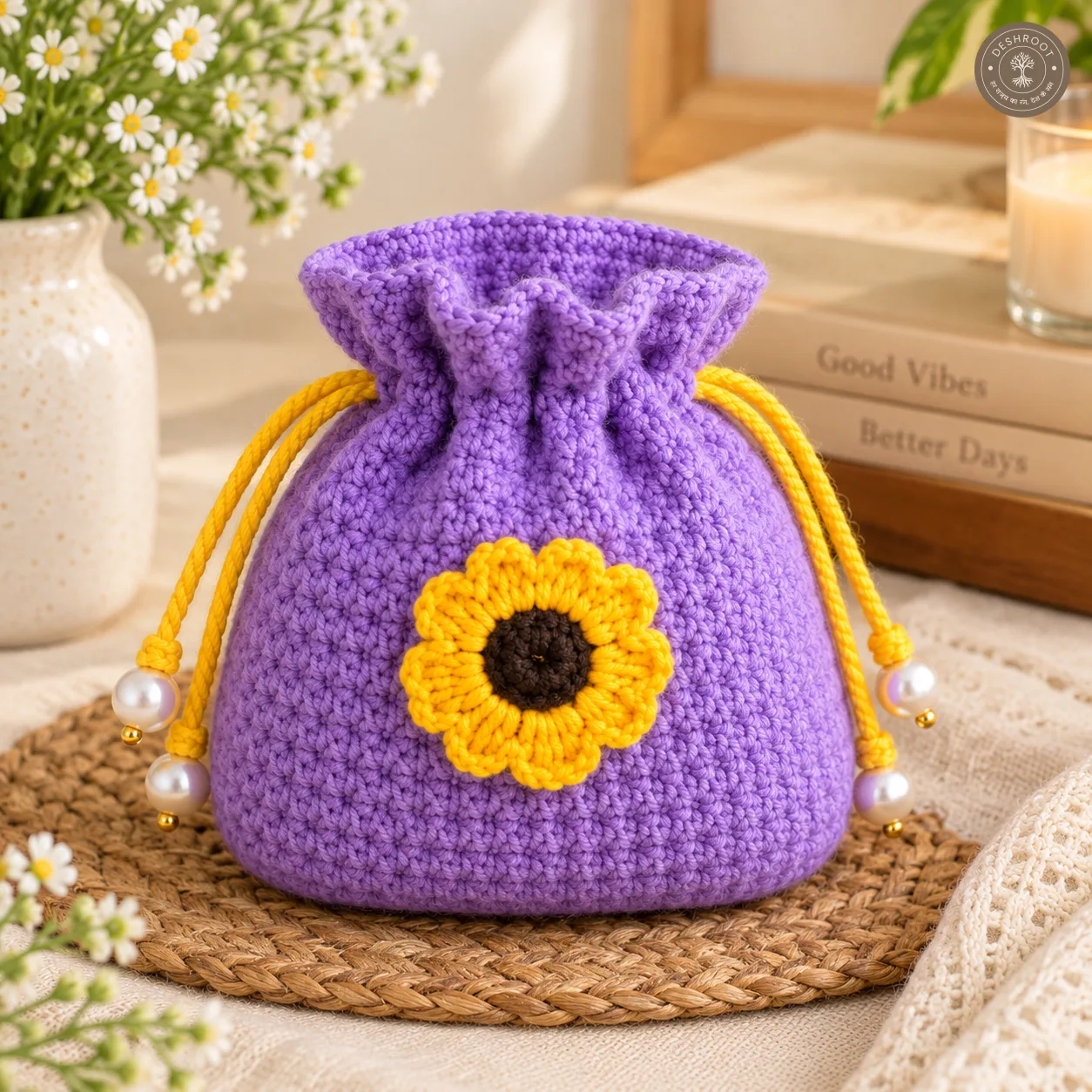 Handmade Crochet Sunflower Drawstring Pouch