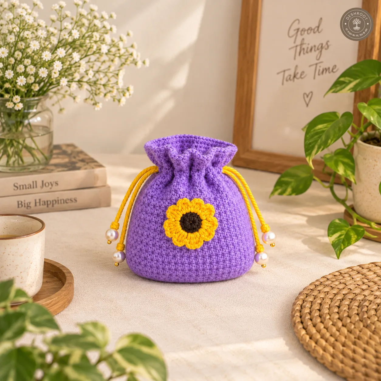 Handmade Crochet Sunflower Drawstring Pouch