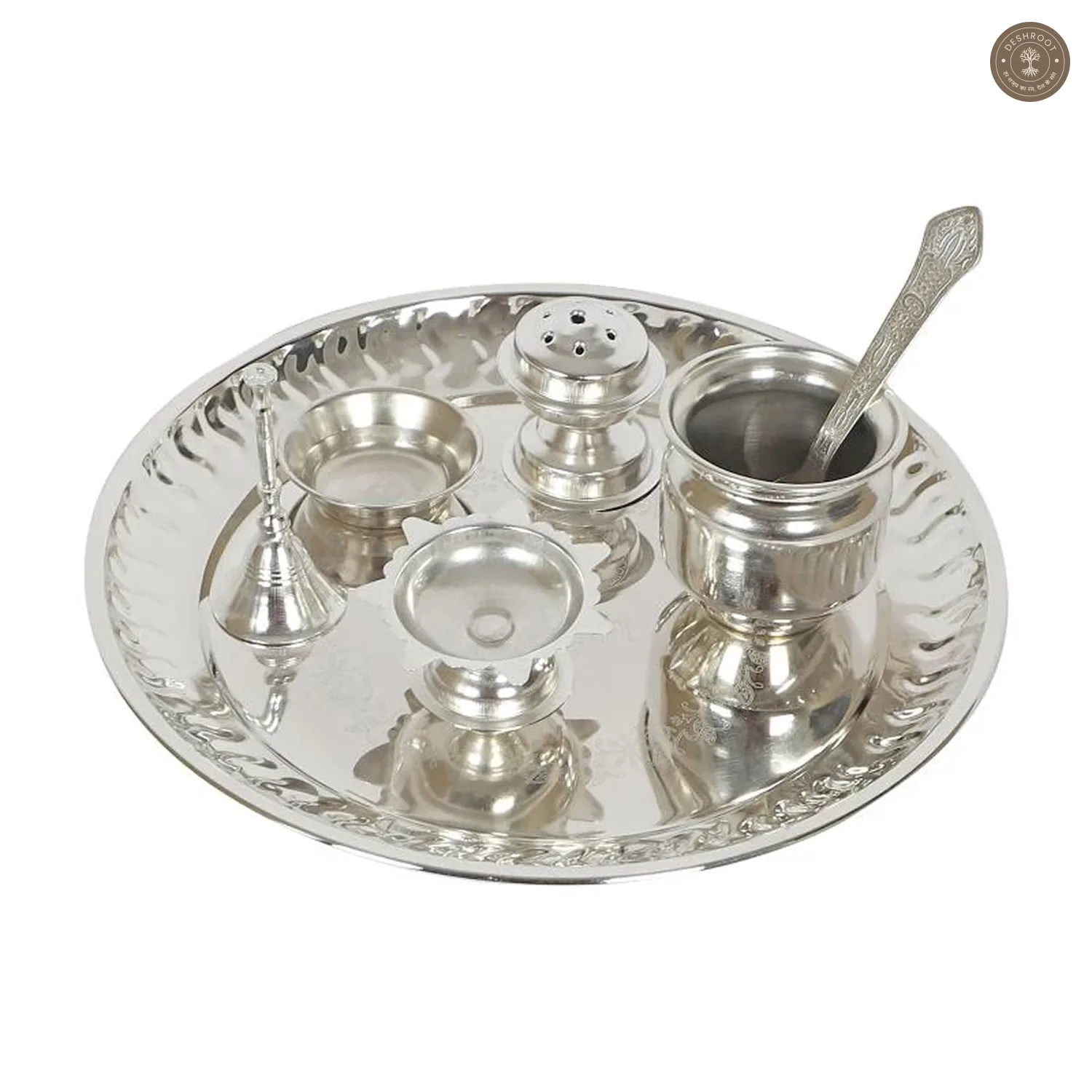 Silver Steel Pooja Thali With Velvet Box