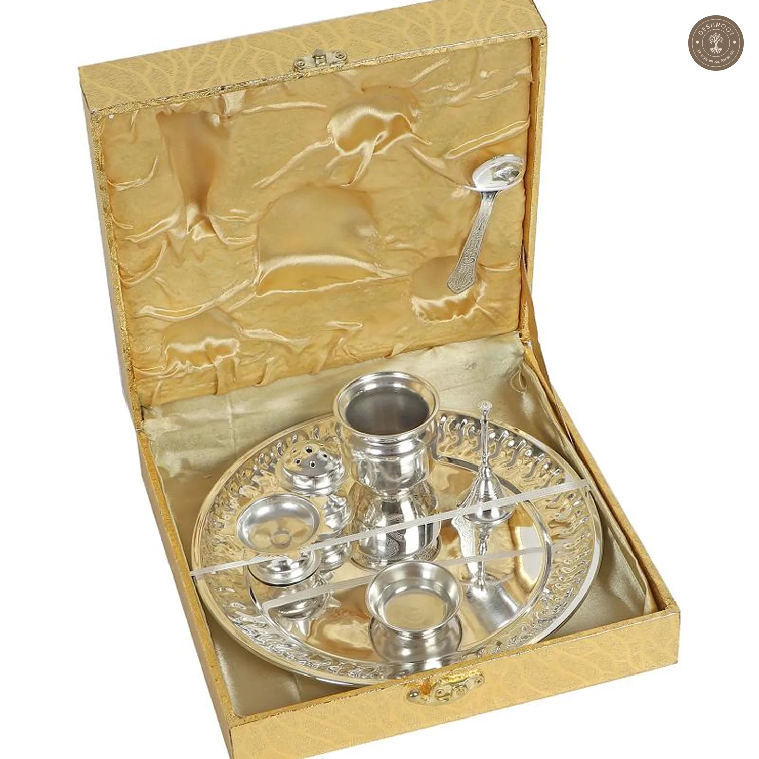 Silver Steel Pooja Thali With Velvet Box