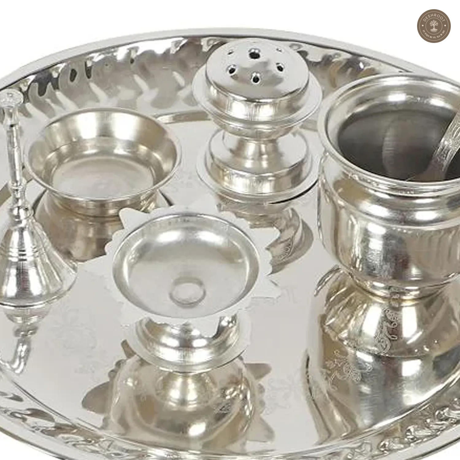 Silver Steel Pooja Thali With Velvet Box