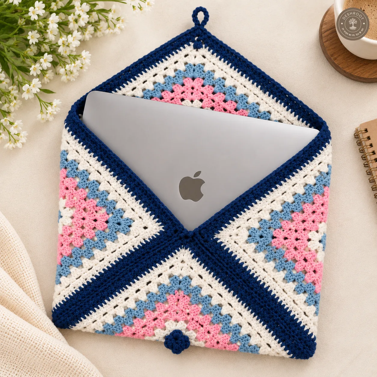 Handmade Crochet Square Laptop Cover - Multicolour Cotton Yarn Laptop Pouch