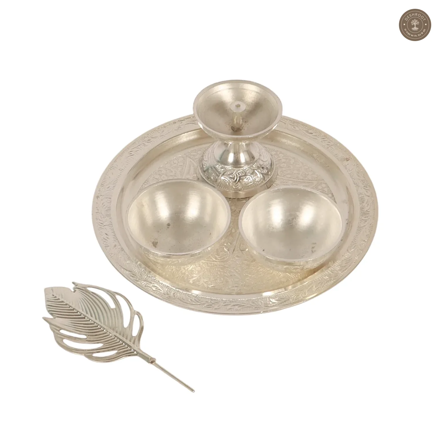 Silver aluminium Pooja thali Set of 5 with velvet box