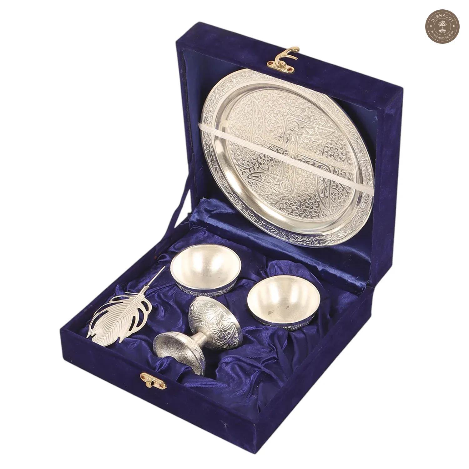 Silver aluminium Pooja thali Set of 5 with velvet box