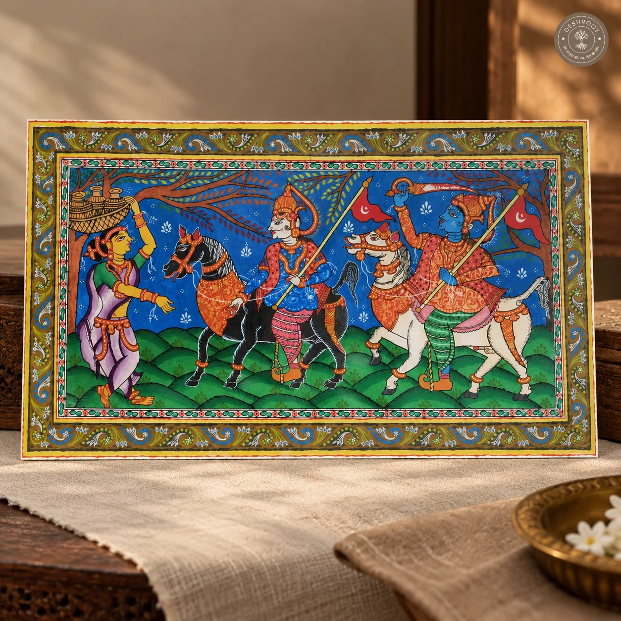 Kanchi Abhijan Patachitra Painting – Jagannath & Baladev with Milkmaid Manika