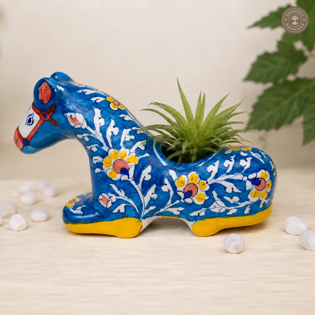 Handcrafted Blue Pottery Horse Planter – Jaipur Blue Pottery Ceramic Horse with Hand-Painted Floral Motifs for Plants, Home Décor & Gifting