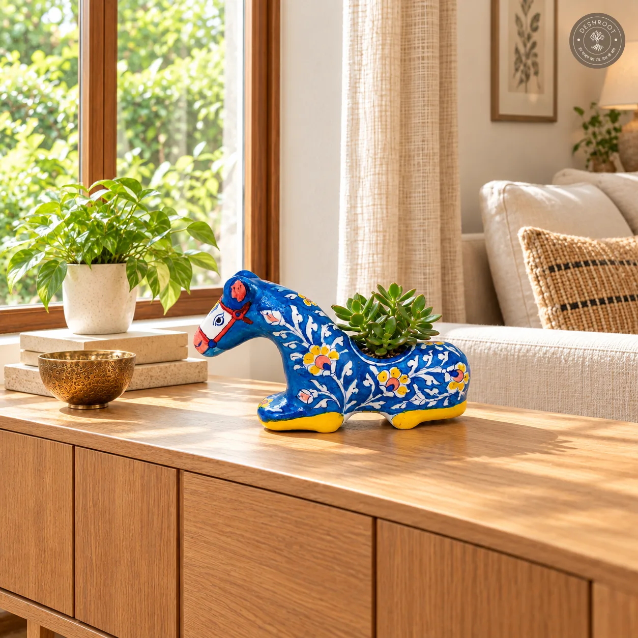 Handcrafted Blue Pottery Horse Planter – Jaipur Blue Pottery Ceramic Horse with Hand-Painted Floral Motifs for Plants, Home Décor & Gifting