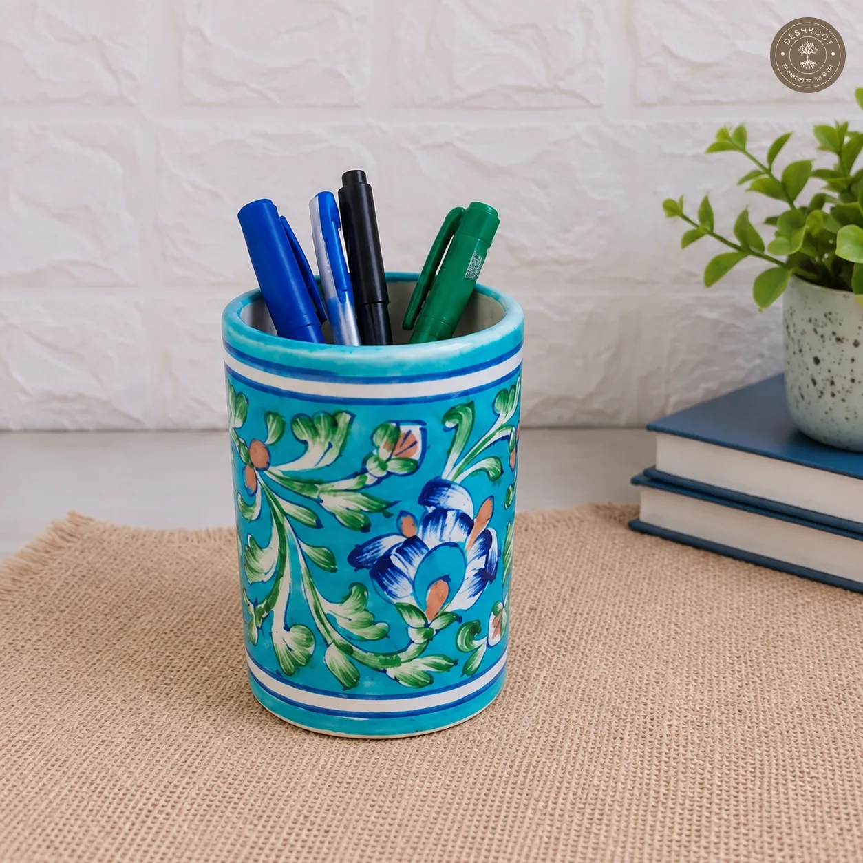 Handcrafted Jaipur Blue Pottery Ceramic Pen Holder – Hand-Painted Turquoise Floral Desk Organizer for Pens, Pencils, Brushes & Home Décor