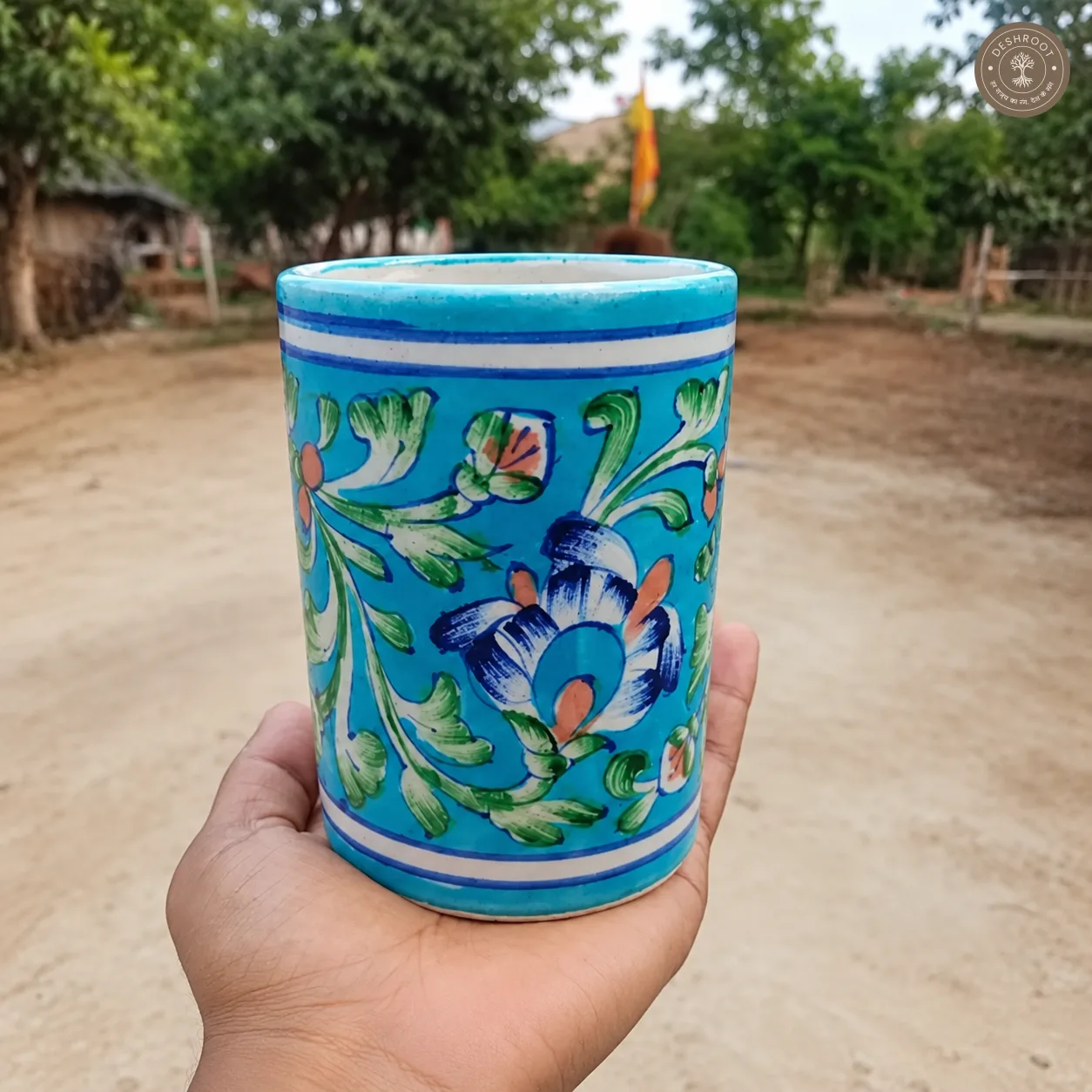 Handcrafted Jaipur Blue Pottery Ceramic Pen Holder – Hand-Painted Turquoise Floral Desk Organizer for Pens, Pencils, Brushes & Home Décor
