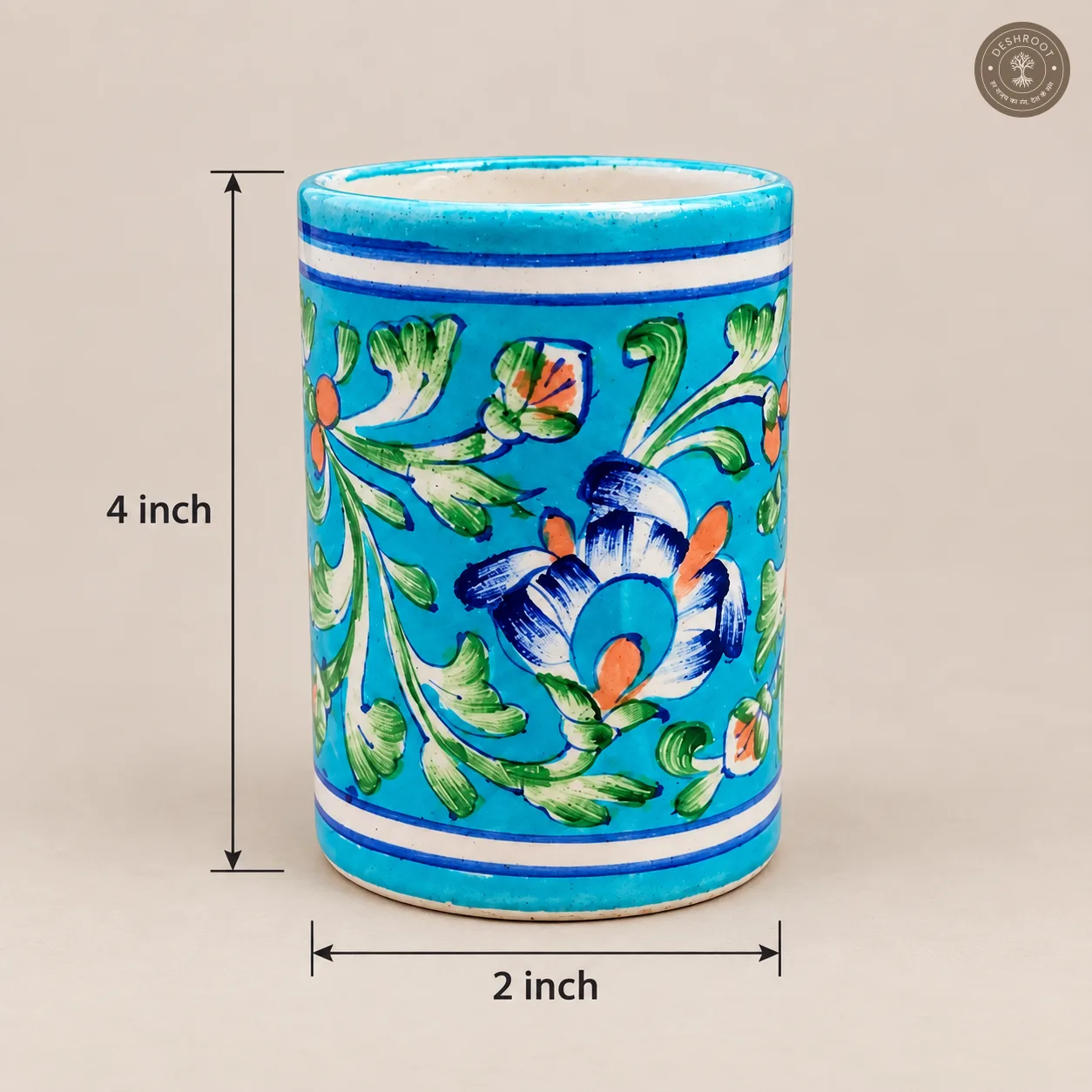 Handcrafted Jaipur Blue Pottery Ceramic Pen Holder – Hand-Painted Turquoise Floral Desk Organizer for Pens, Pencils, Brushes & Home Décor