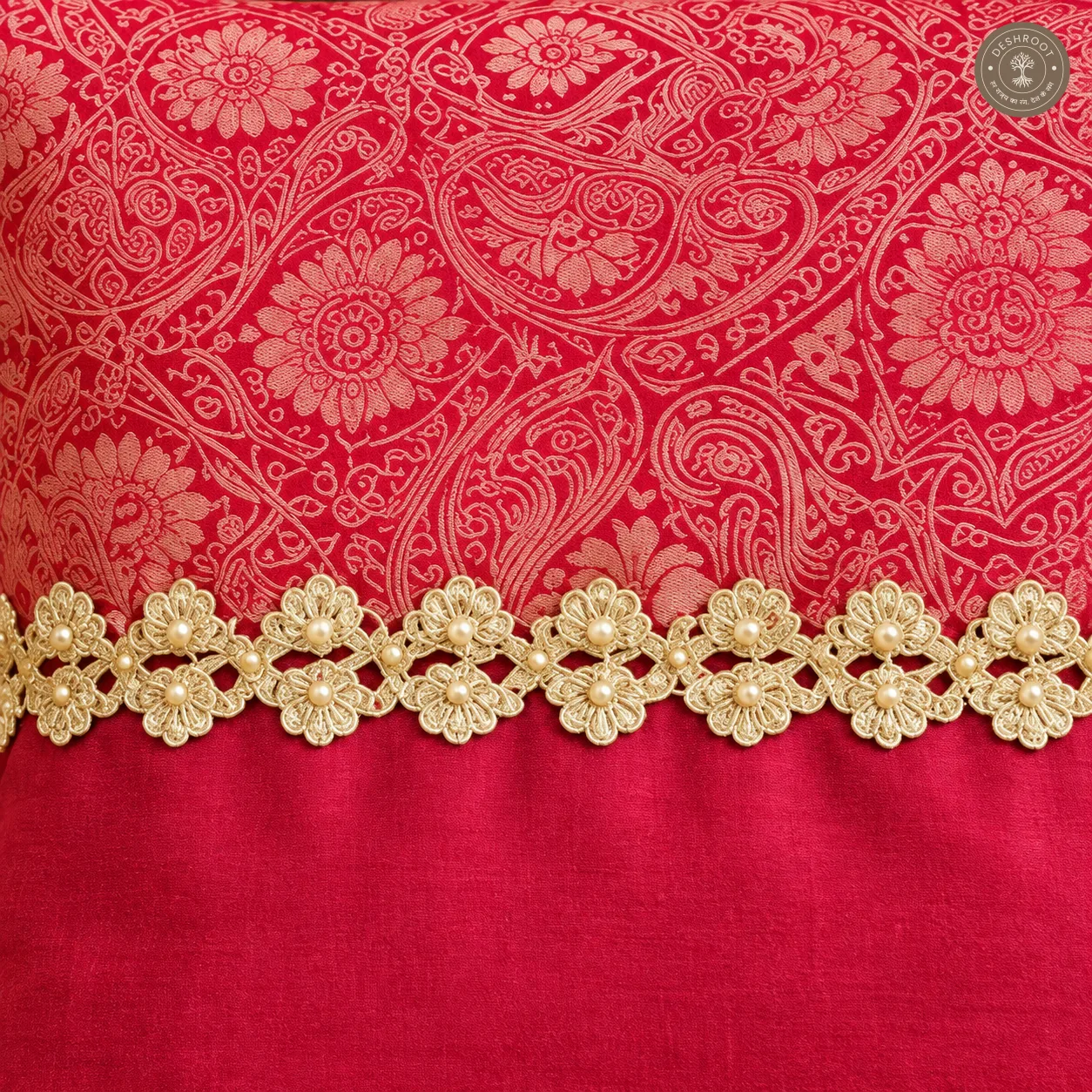 Royal Paisley Maroon Silk Cushion Covers with Heavy Kasab Lace