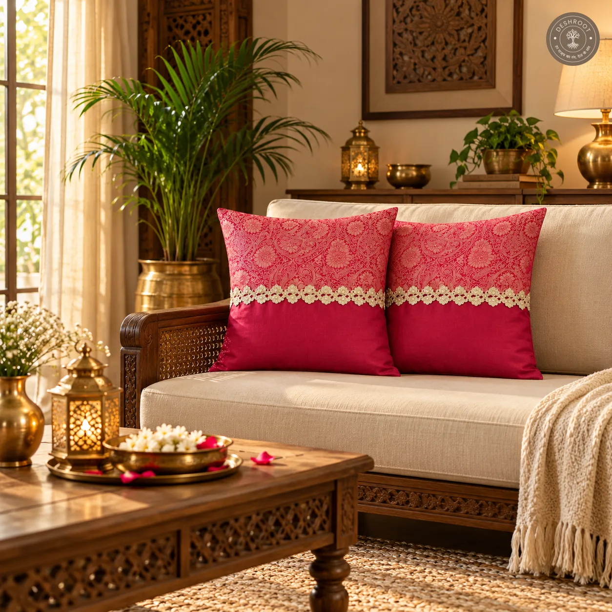 Royal Paisley Maroon Silk Cushion Covers with Heavy Kasab Lace