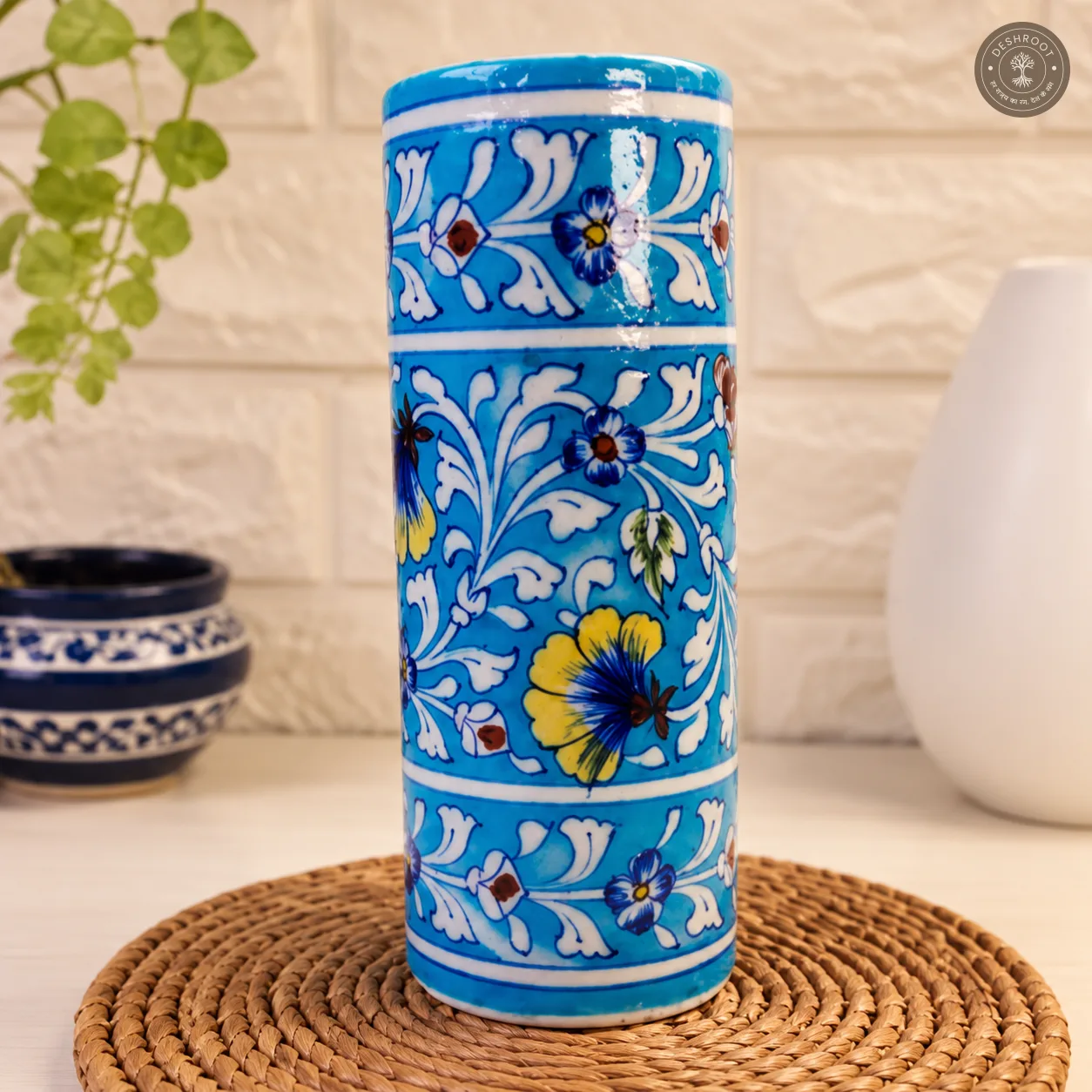 Handcrafted Jaipur Blue Pottery Ceramic Flower Vase – Hand-Painted Floral Botanical Design on Sky Blue Glazed Ceramic for Home Décor & Gifting
