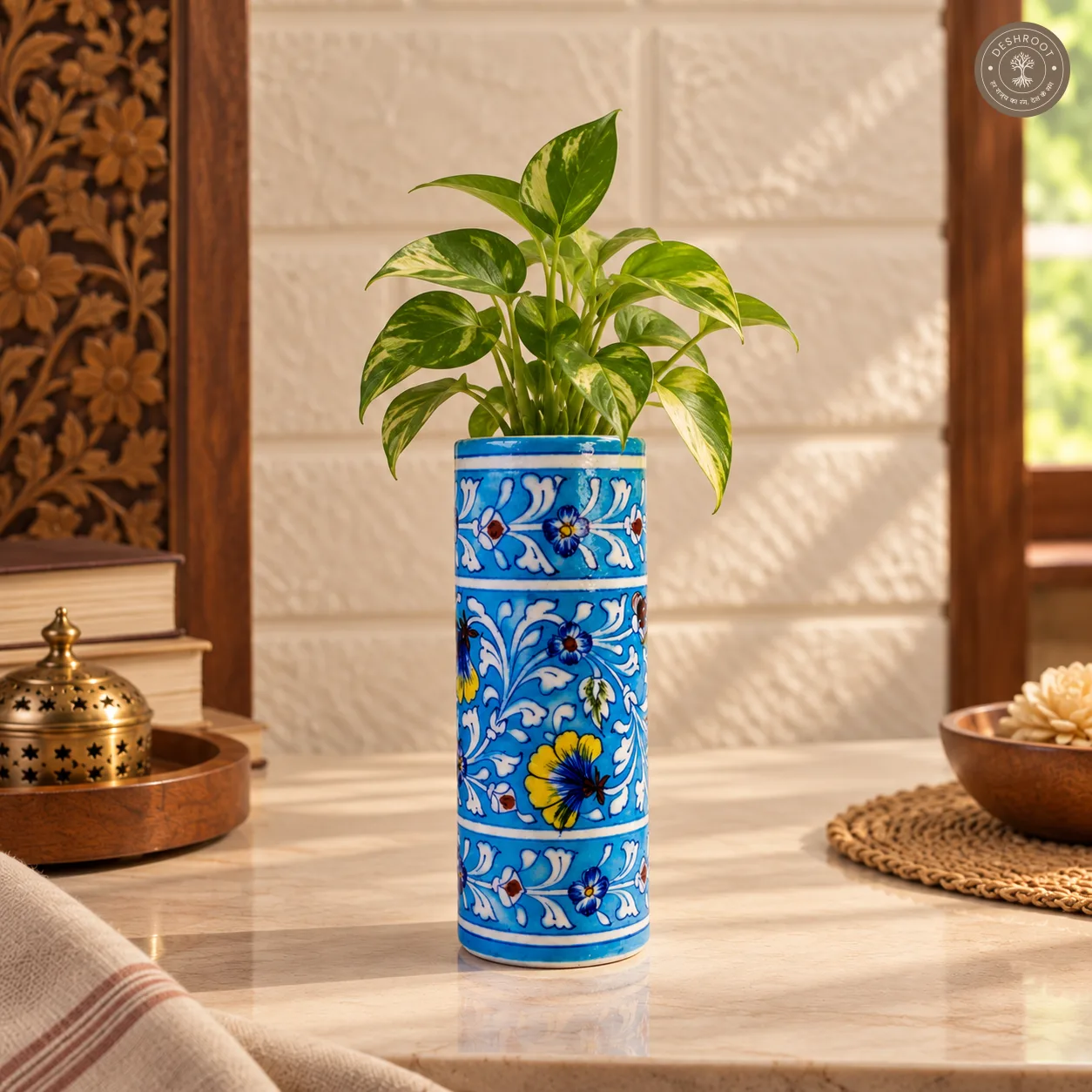 Handcrafted Jaipur Blue Pottery Ceramic Flower Vase – Hand-Painted Floral Botanical Design on Sky Blue Glazed Ceramic for Home Décor & Gifting