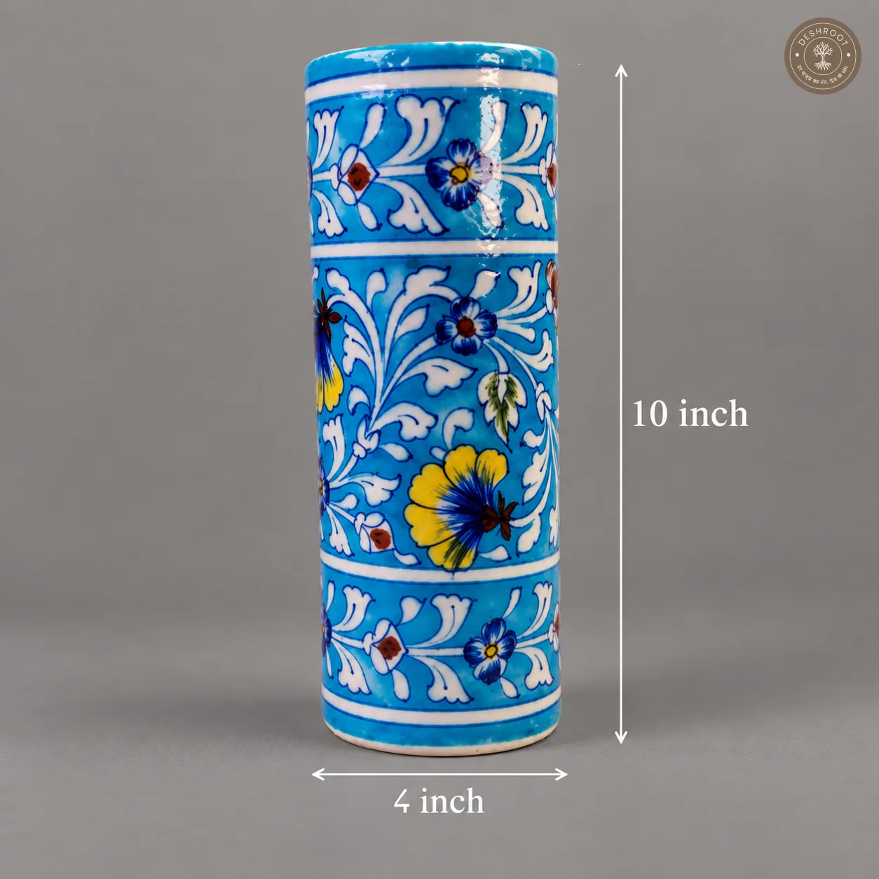 Handcrafted Jaipur Blue Pottery Ceramic Flower Vase – Hand-Painted Floral Botanical Design on Sky Blue Glazed Ceramic for Home Décor & Gifting