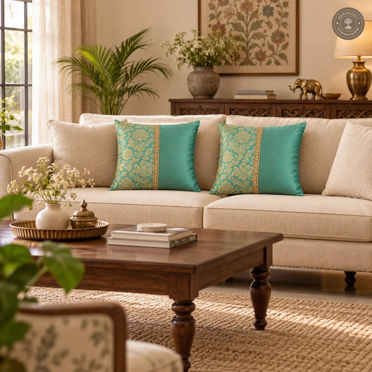 Royal Mehfil Turquoise Silk Cushion Covers with Floral Jacquard & Kasab Lace