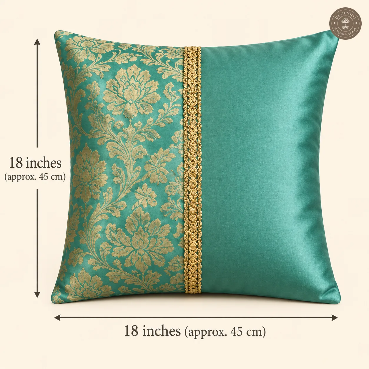 Royal Mehfil Turquoise Silk Cushion Covers with Floral Jacquard & Kasab Lace