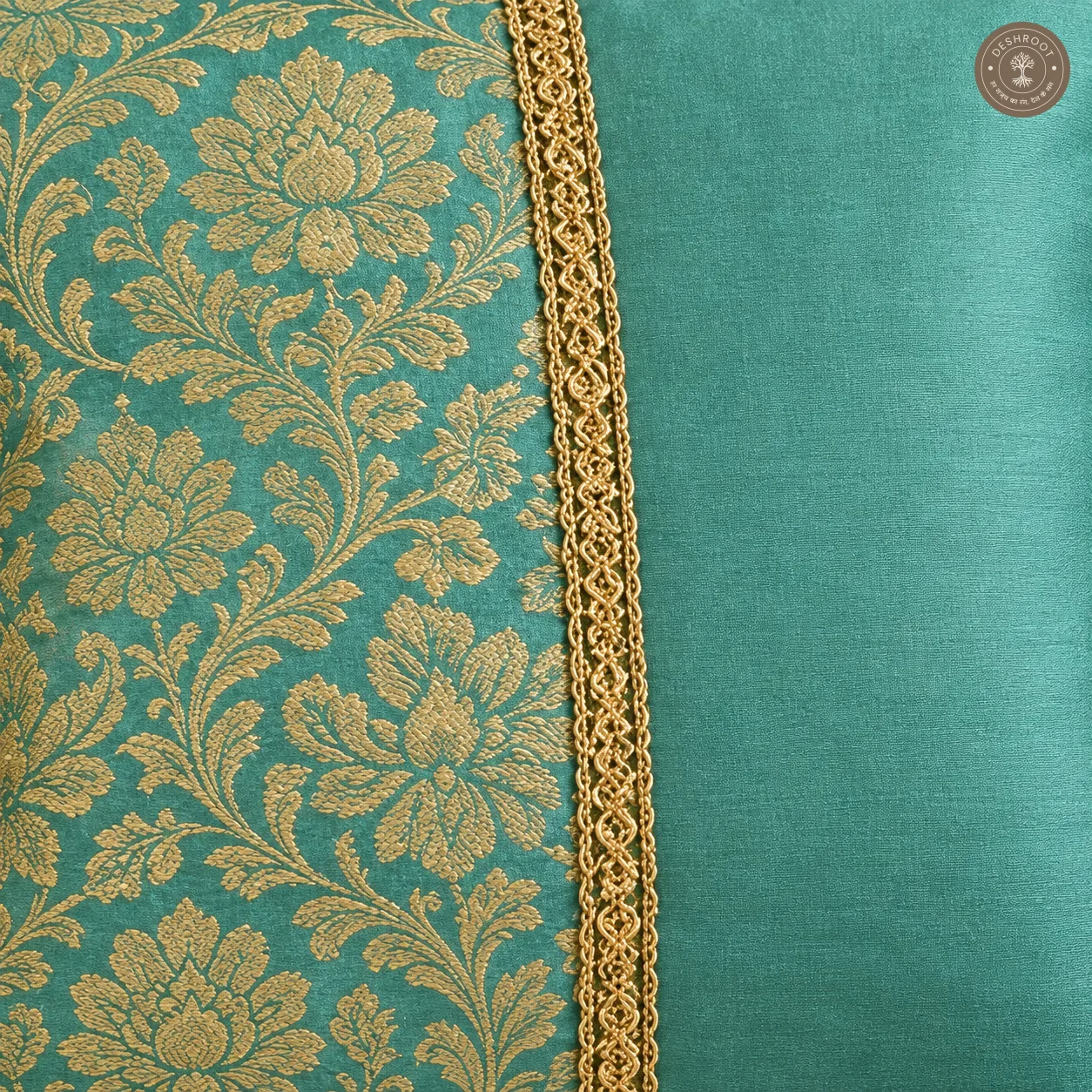 Royal Mehfil Turquoise Silk Cushion Covers with Floral Jacquard & Kasab Lace