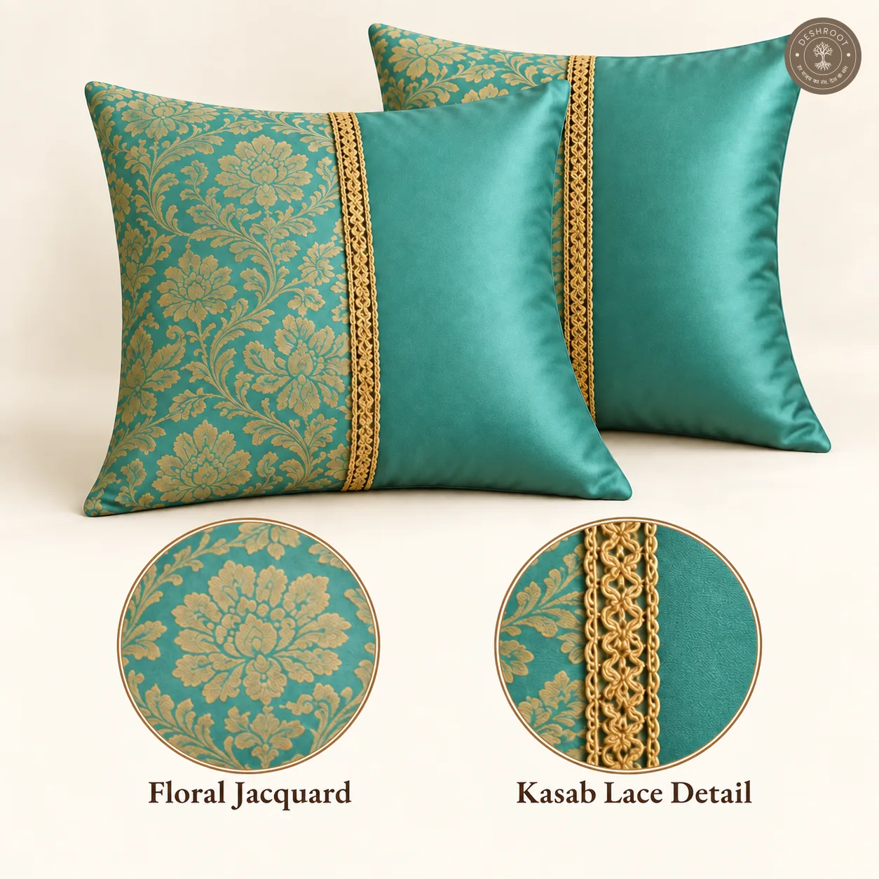 Royal Mehfil Turquoise Silk Cushion Covers with Floral Jacquard & Kasab Lace