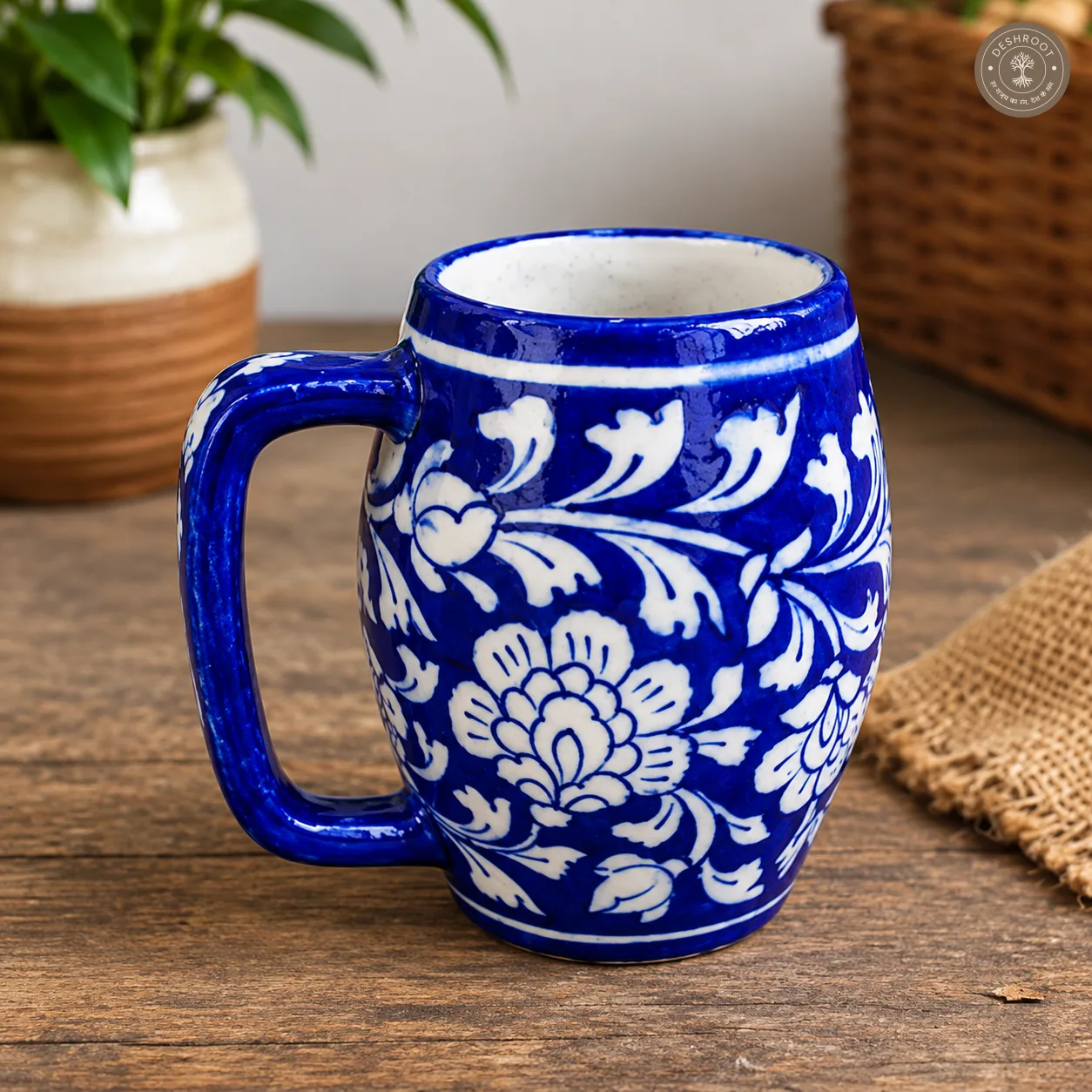 Handcrafted Jaipur Blue Pottery Ceramic Mug – Cobalt Blue Hand-Painted Floral Tea & Coffee Mug with Traditional Rajasthani Artisan Design