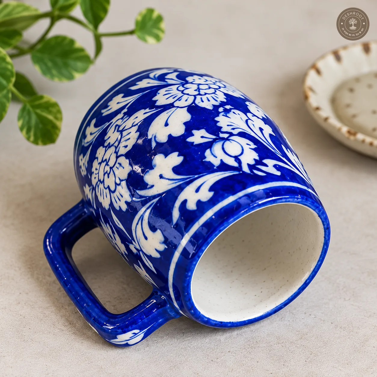 Handcrafted Jaipur Blue Pottery Ceramic Mug – Cobalt Blue Hand-Painted Floral Tea & Coffee Mug with Traditional Rajasthani Artisan Design