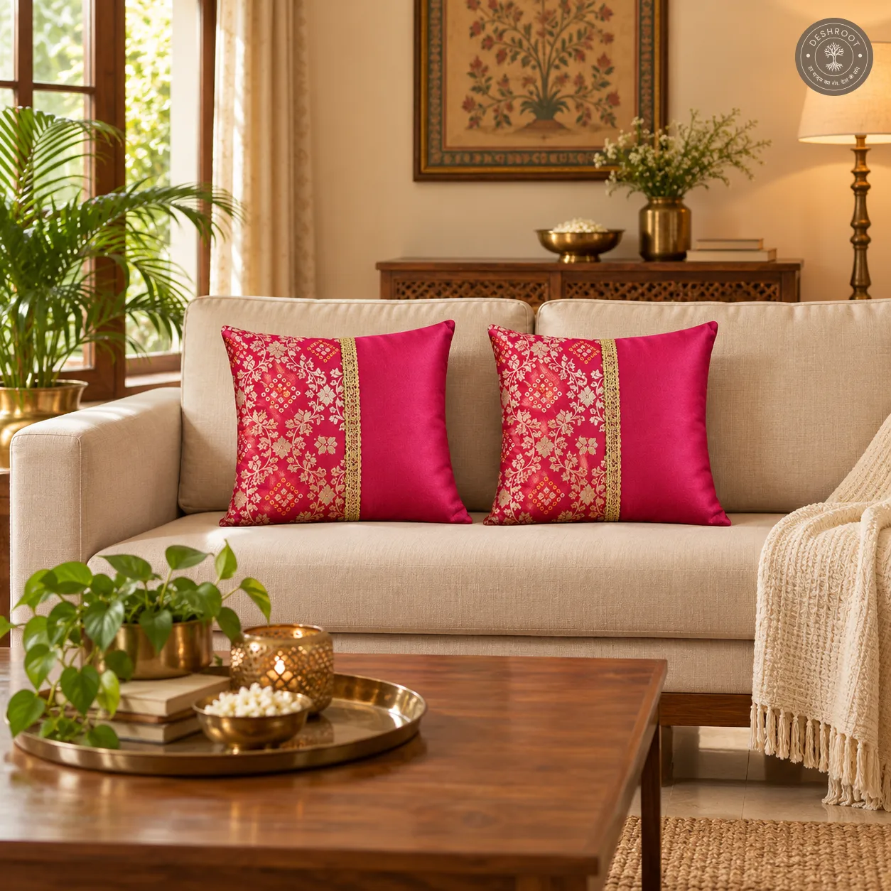 Pink Rajwada Floral Brocade Cushion Covers with Kasab Lace
