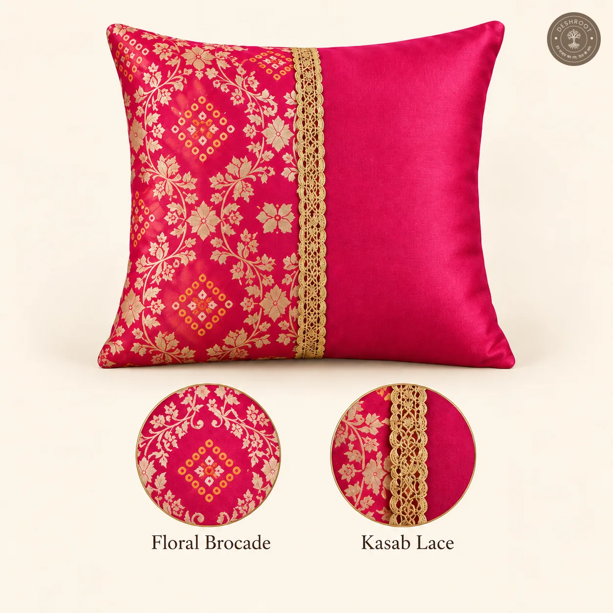 Pink Rajwada Floral Brocade Cushion Covers with Kasab Lace
