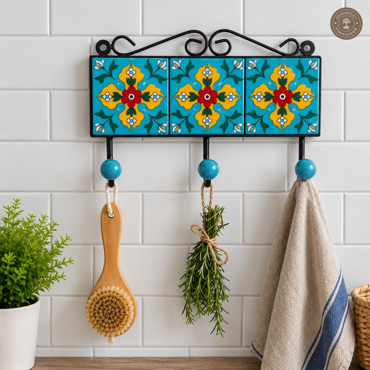 Handcrafted Jaipur Blue Pottery Triple Wall Hook – Hand-Painted Floral Ceramic Tiles with 3 Metal Hooks for Keys, Bags, Towels & Home Décor