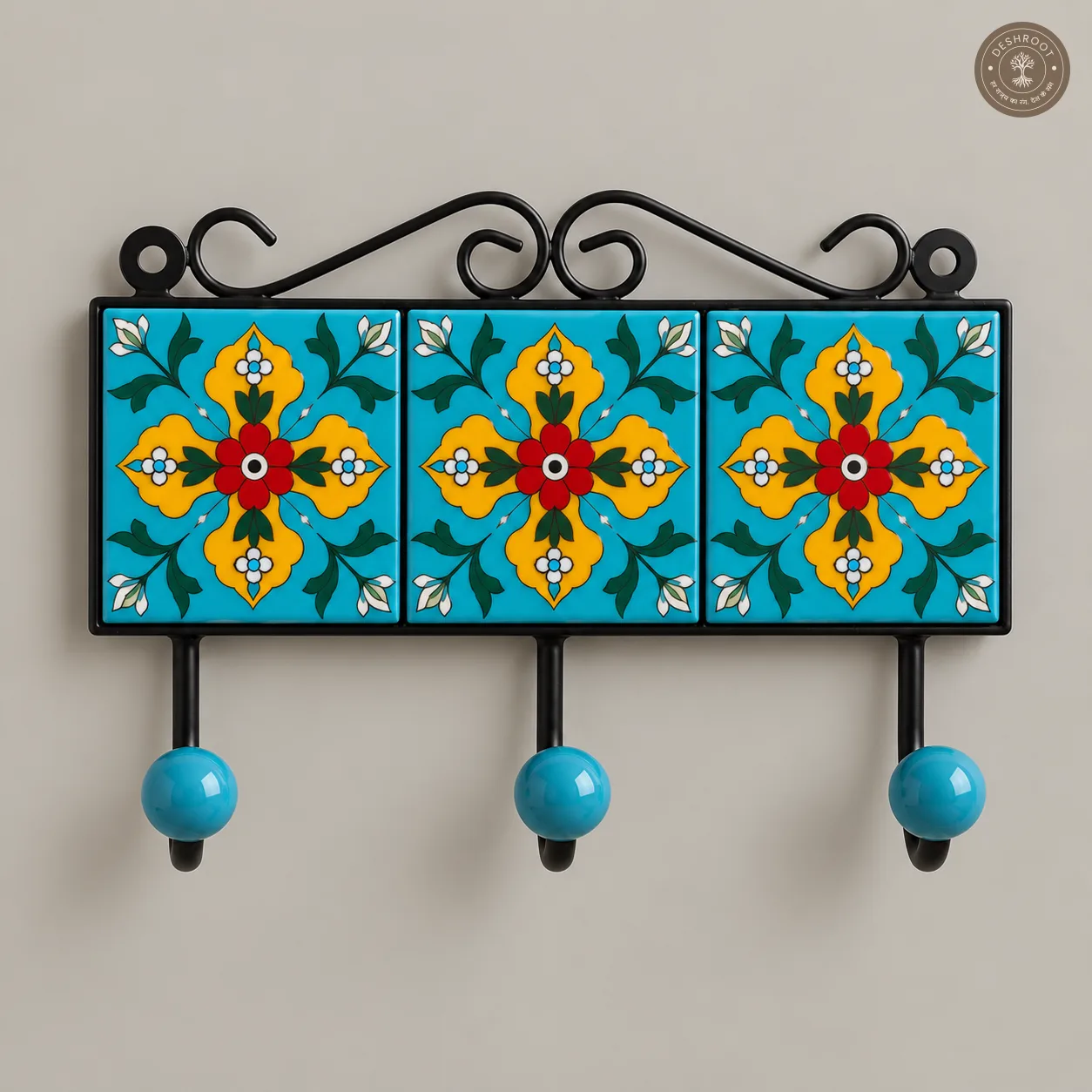 Handcrafted Jaipur Blue Pottery Triple Wall Hook – Hand-Painted Floral Ceramic Tiles with 3 Metal Hooks for Keys, Bags, Towels & Home Décor