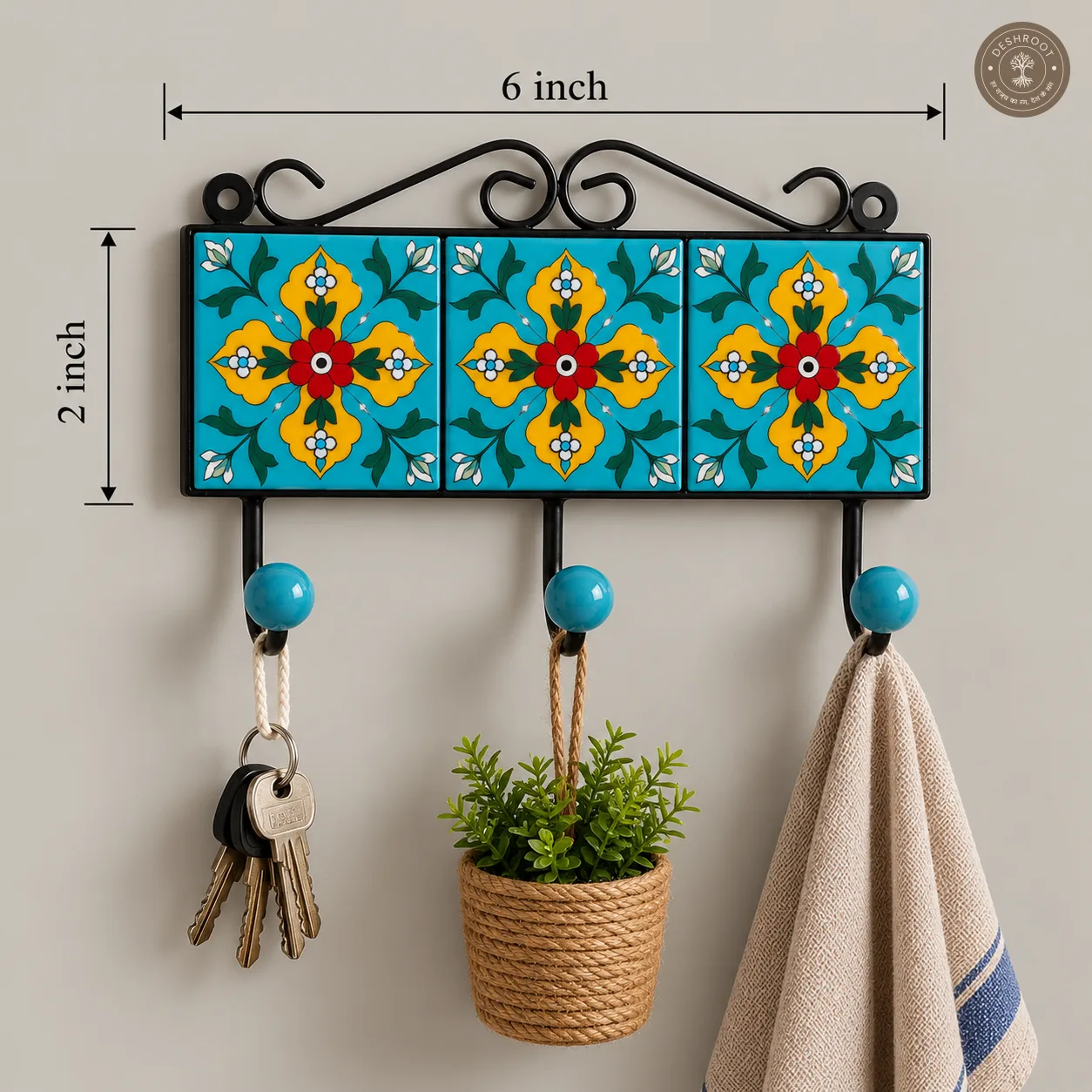 Handcrafted Jaipur Blue Pottery Triple Wall Hook – Hand-Painted Floral Ceramic Tiles with 3 Metal Hooks for Keys, Bags, Towels & Home Décor