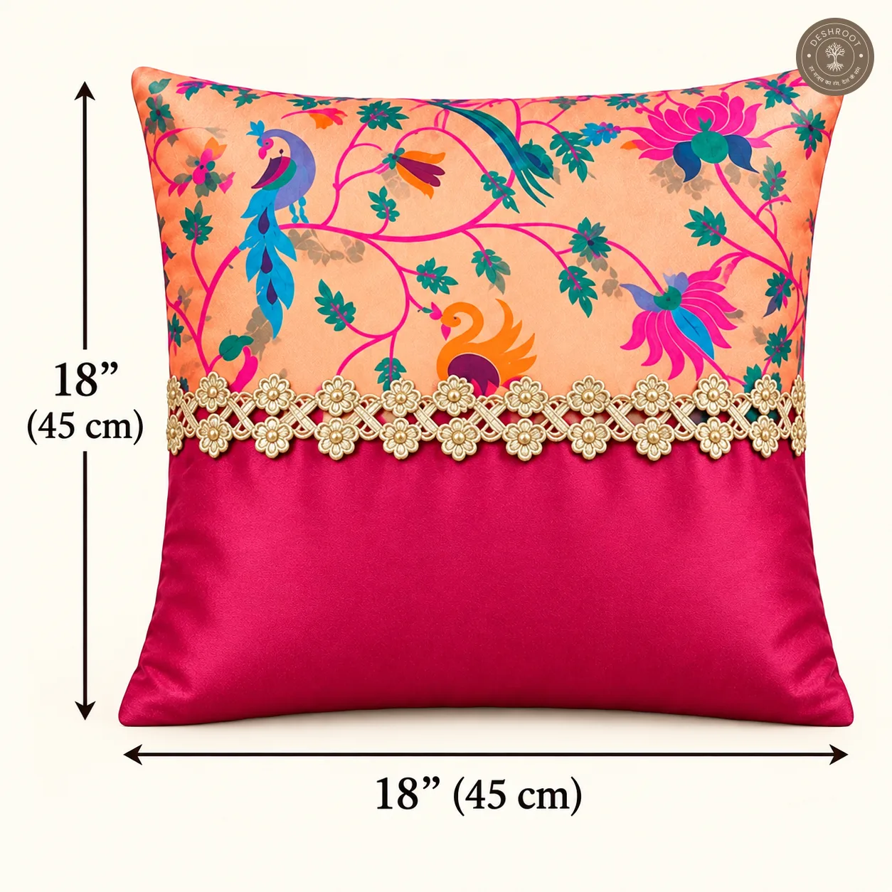Floral Elegance Peacock Print Silk Cushion Covers with Kasab Lace
