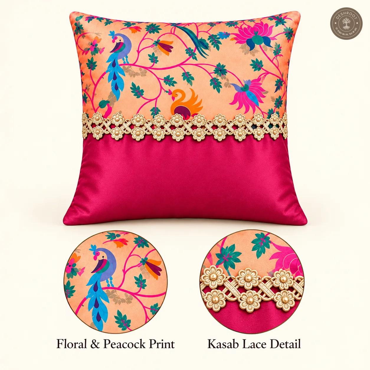 Floral Elegance Peacock Print Silk Cushion Covers with Kasab Lace