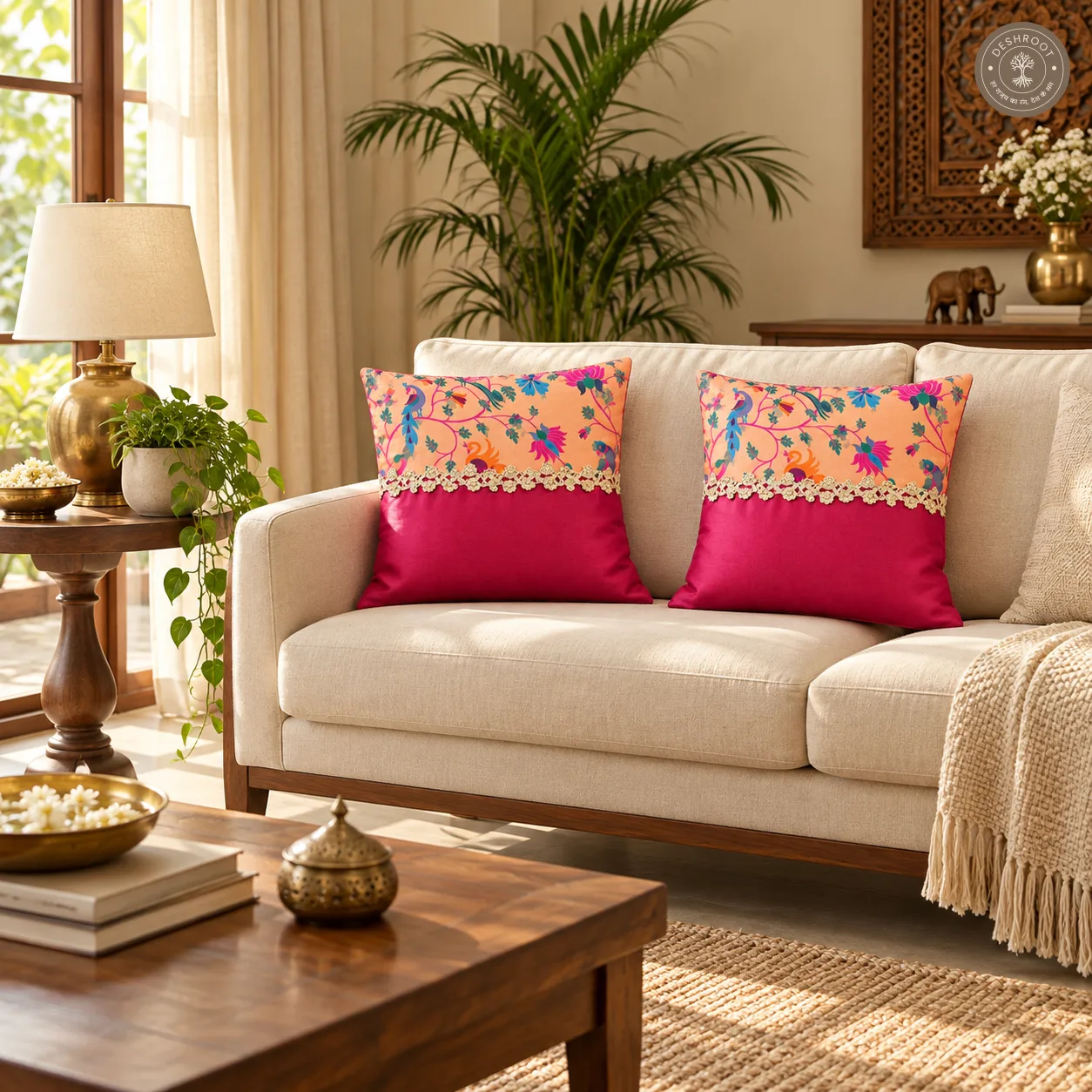 Floral Elegance Peacock Print Silk Cushion Covers with Kasab Lace