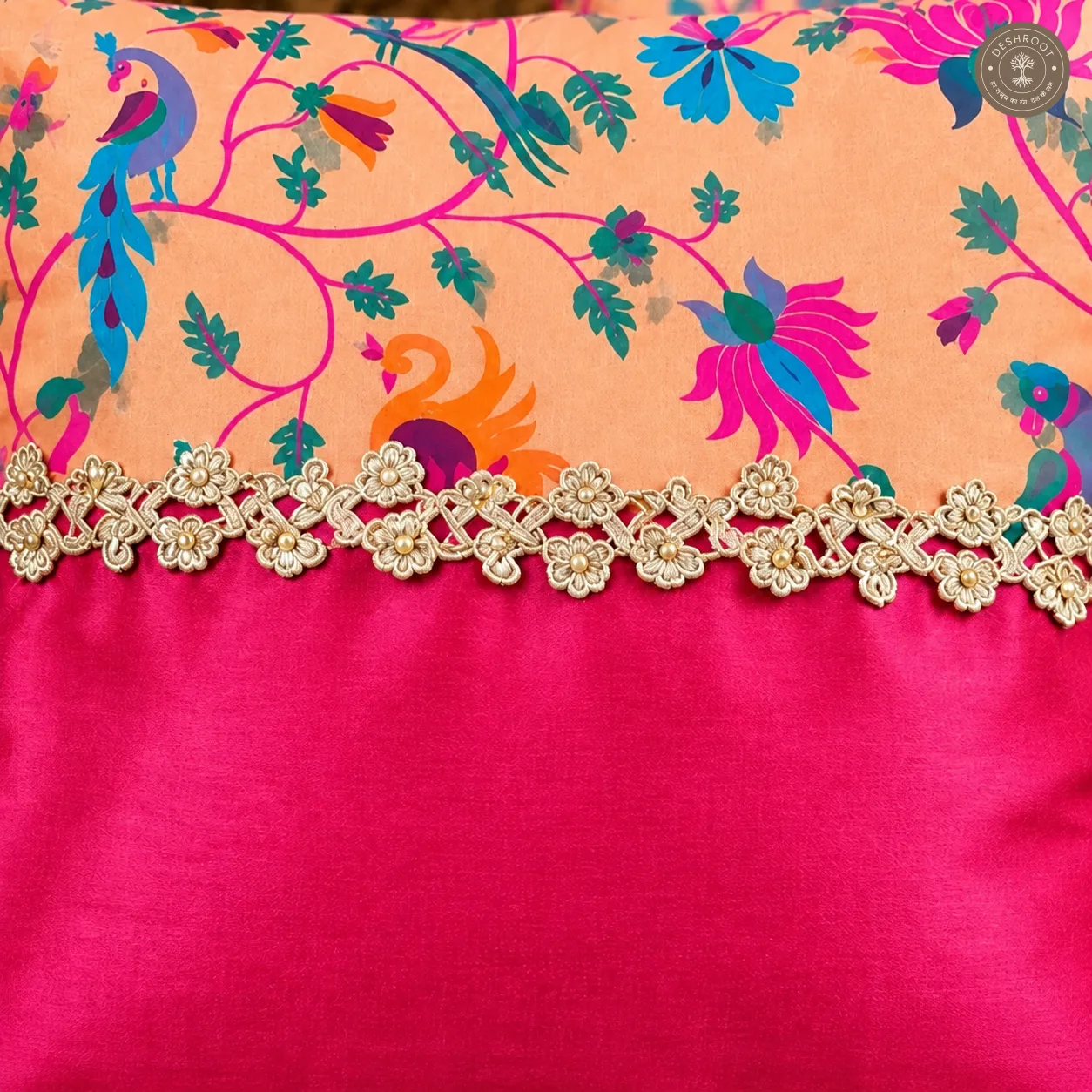 Floral Elegance Peacock Print Silk Cushion Covers with Kasab Lace