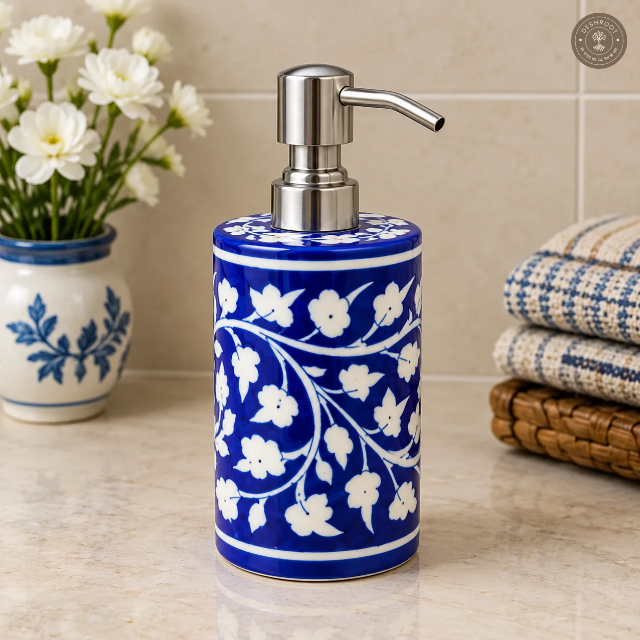 Handcrafted Jaipur Blue Pottery Ceramic Soap Dispenser – Cobalt Blue & White Floral Hand-Painted Liquid Soap Pump for Bathroom & Kitchen