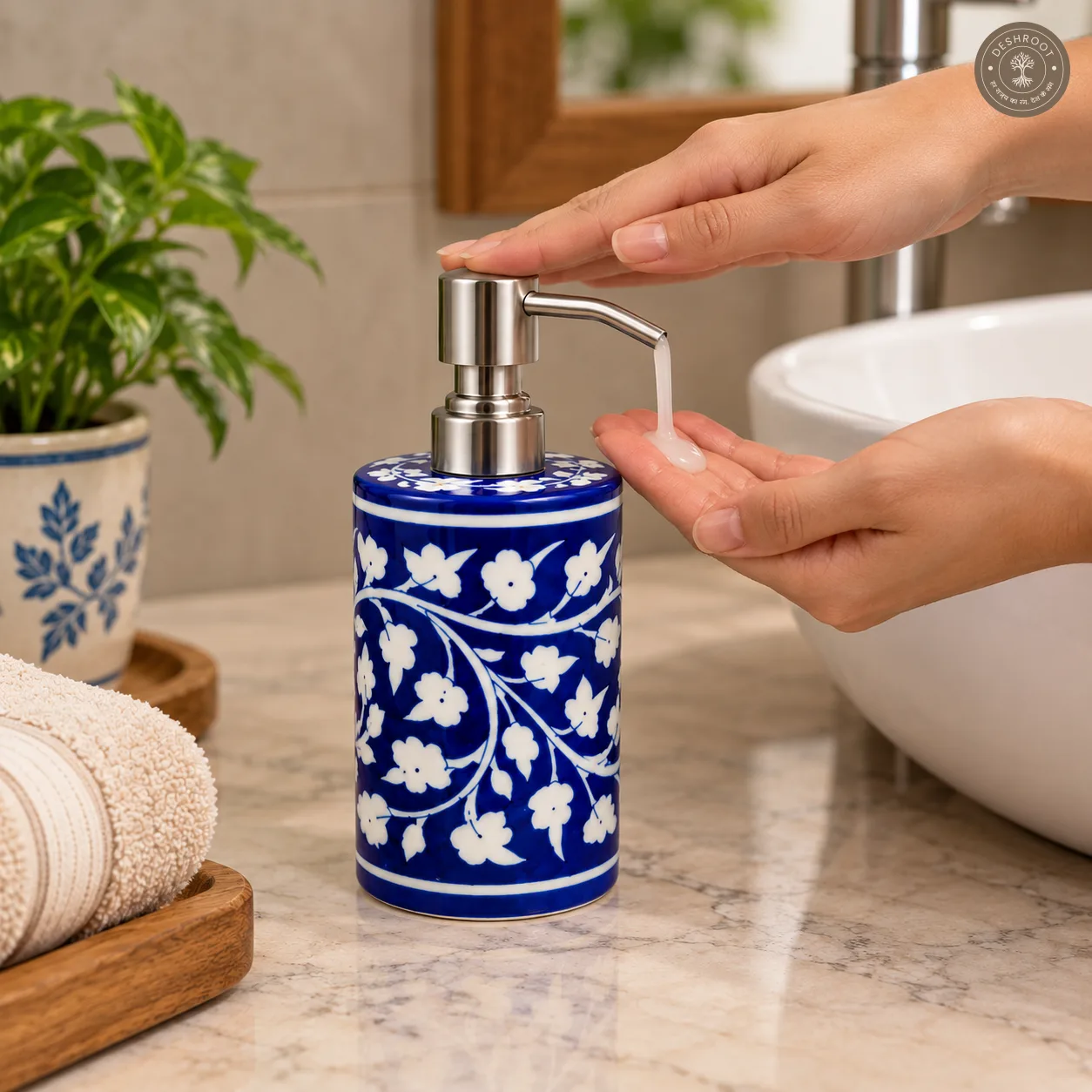 Handcrafted Jaipur Blue Pottery Ceramic Soap Dispenser – Cobalt Blue & White Floral Hand-Painted Liquid Soap Pump for Bathroom & Kitchen