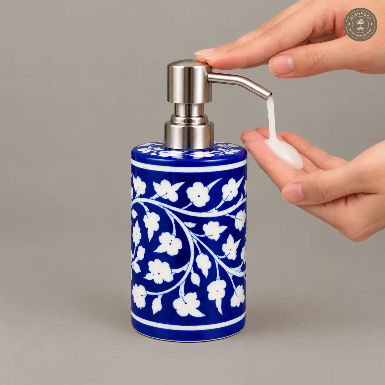 Handcrafted Jaipur Blue Pottery Ceramic Soap Dispenser – Cobalt Blue & White Floral Hand-Painted Liquid Soap Pump for Bathroom & Kitchen