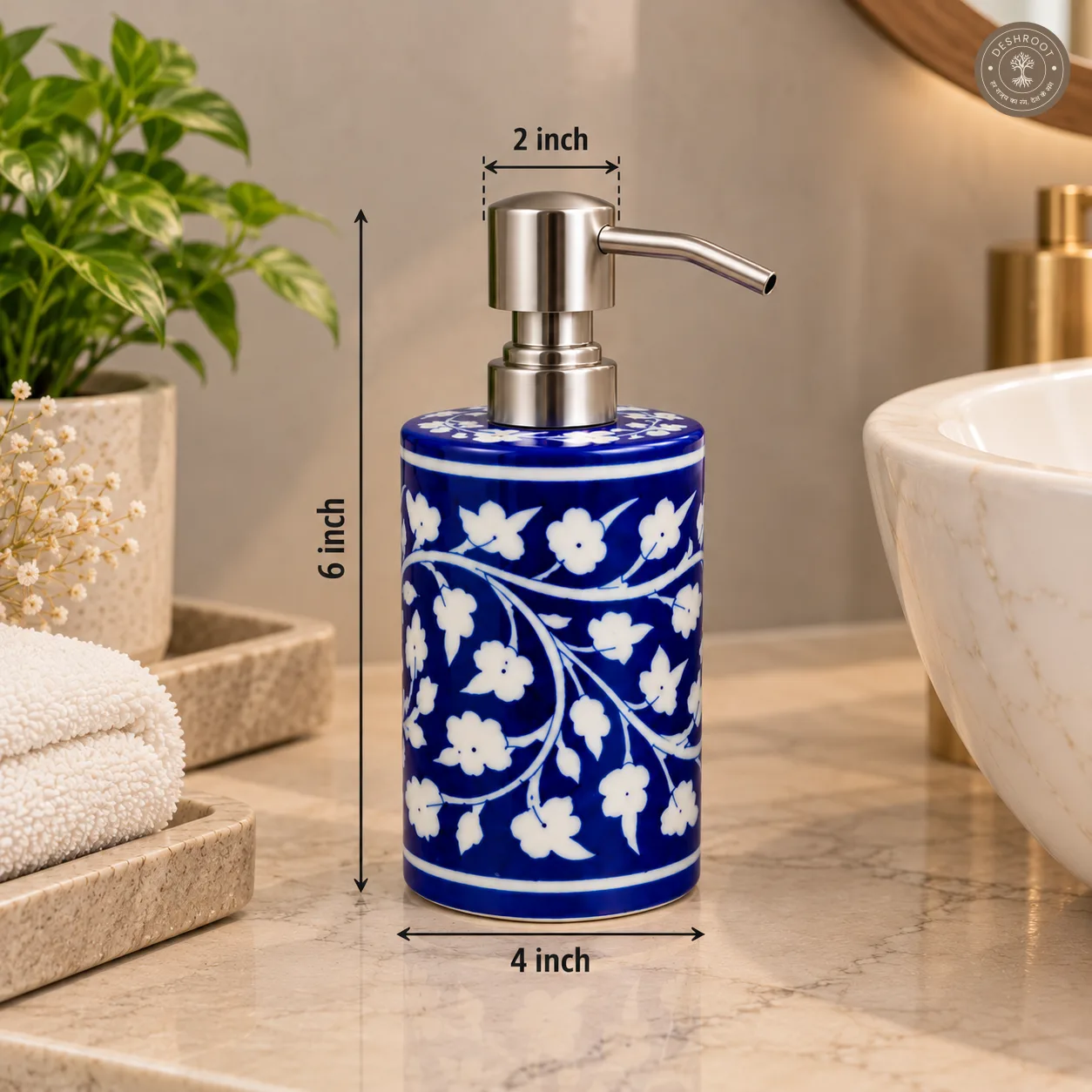 Handcrafted Jaipur Blue Pottery Ceramic Soap Dispenser – Cobalt Blue & White Floral Hand-Painted Liquid Soap Pump for Bathroom & Kitchen