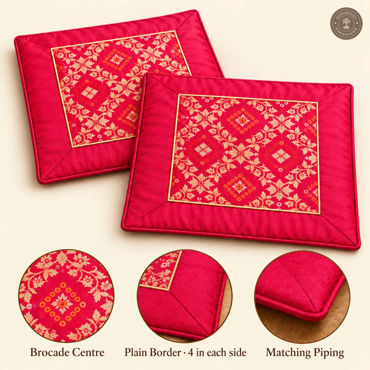 Gulabi Prarthana Floral Rangoli Silk Pooja Aasan with Golden Lace
