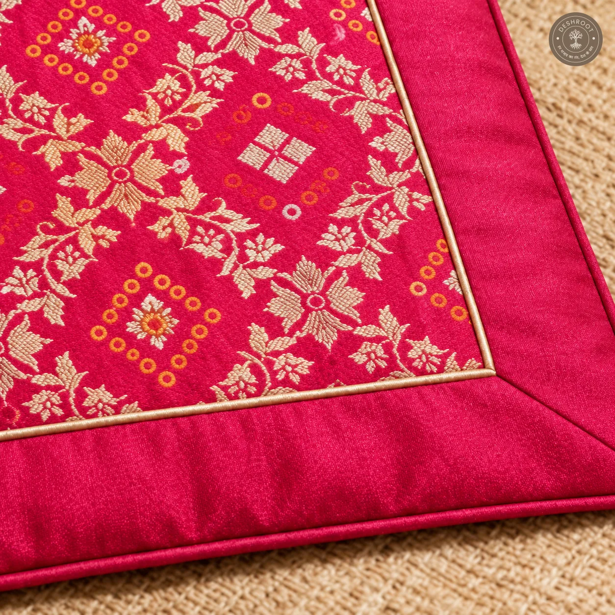 Gulabi Prarthana Floral Rangoli Silk Pooja Aasan with Golden Lace
