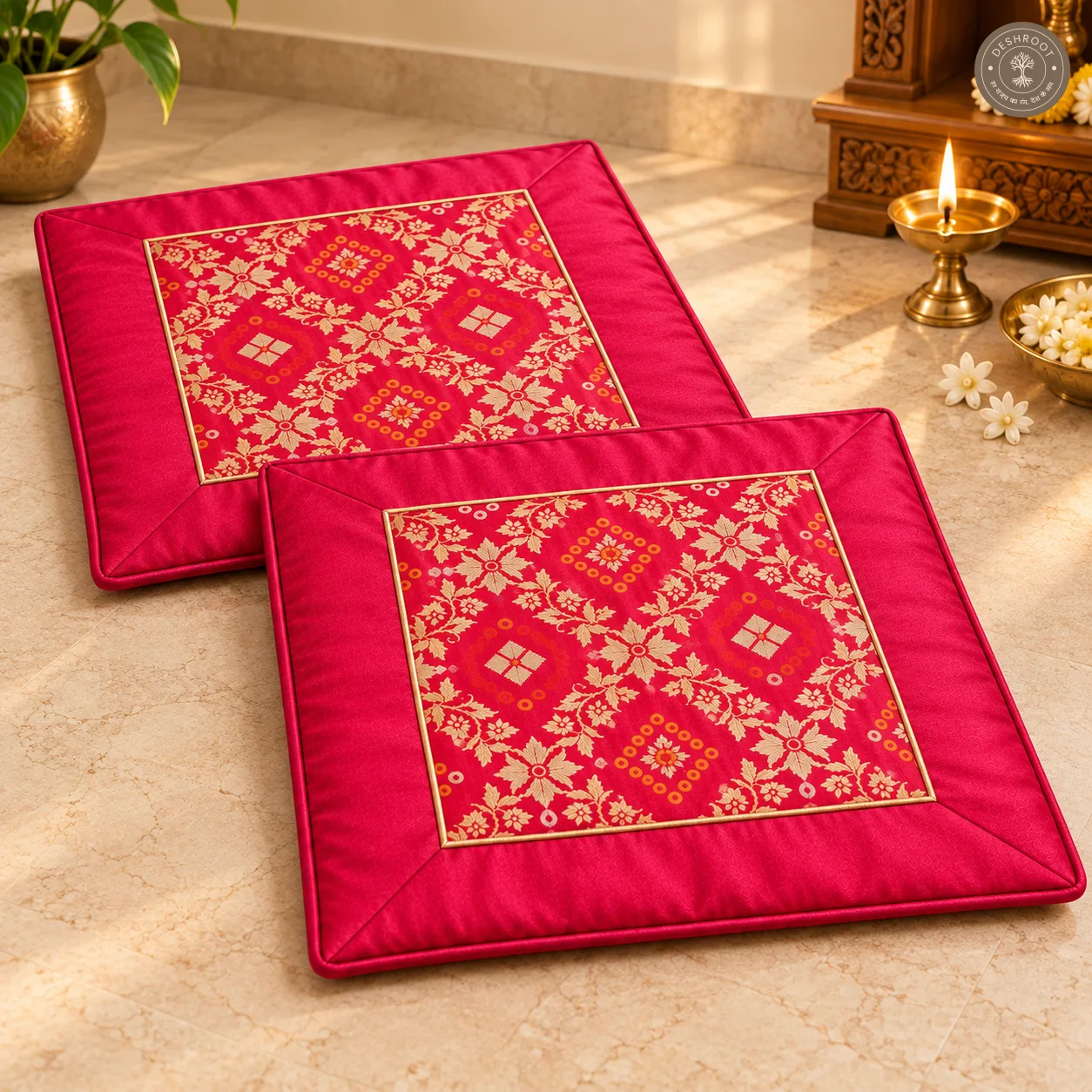 Gulabi Prarthana Floral Rangoli Silk Pooja Aasan with Golden Lace