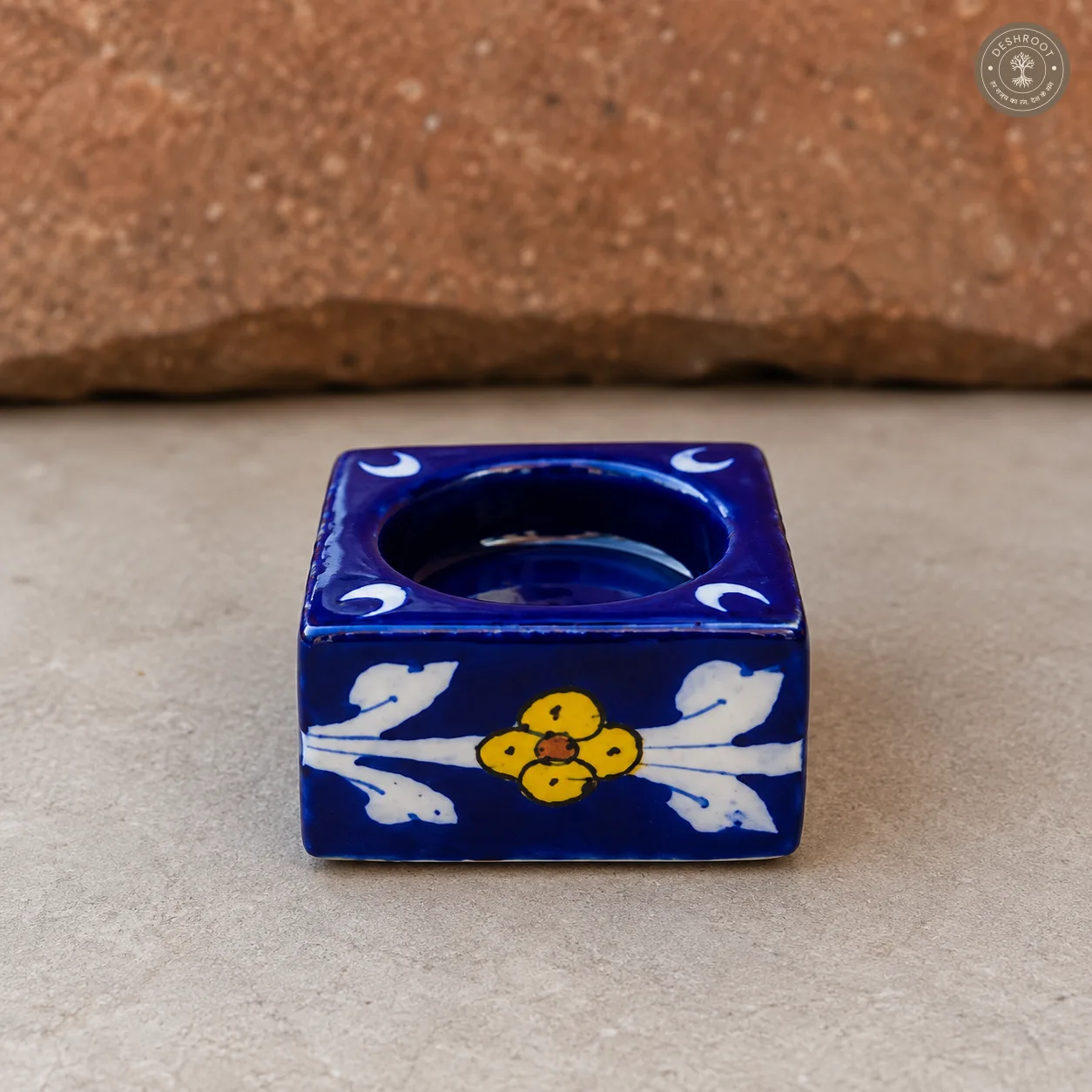 Handcrafted Jaipur Blue Pottery Ceramic Tealight Candle Holder – Cobalt Blue Floral Square Candle Holder with Hand-Painted Design for Home Décor & Gifting