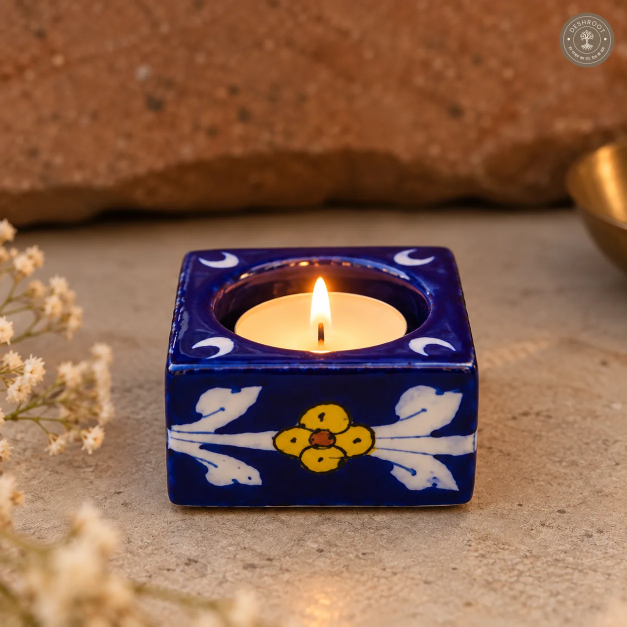 Handcrafted Jaipur Blue Pottery Ceramic Tealight Candle Holder – Cobalt Blue Floral Square Candle Holder with Hand-Painted Design for Home Décor & Gifting