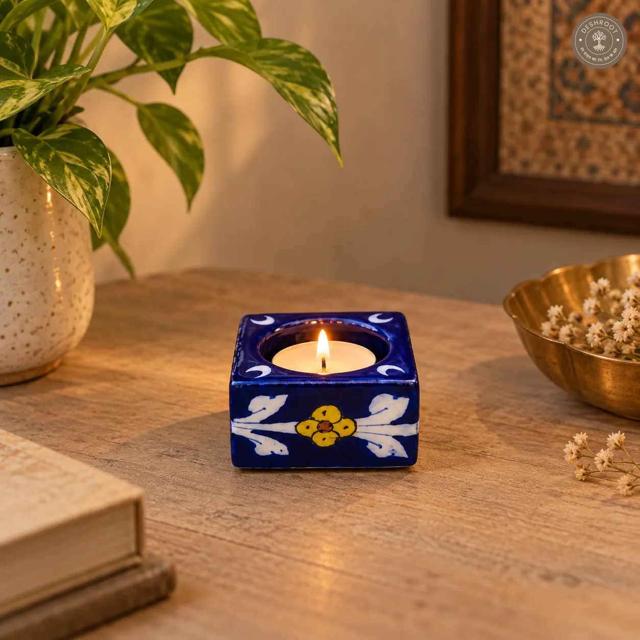 Handcrafted Jaipur Blue Pottery Ceramic Tealight Candle Holder – Cobalt Blue Floral Square Candle Holder with Hand-Painted Design for Home Décor & Gifting