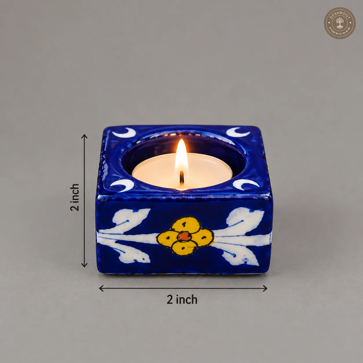 Handcrafted Jaipur Blue Pottery Ceramic Tealight Candle Holder – Cobalt Blue Floral Square Candle Holder with Hand-Painted Design for Home Décor & Gifting