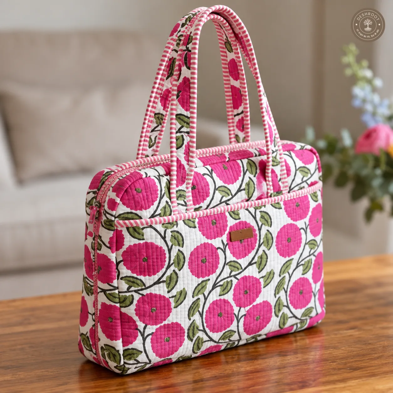 Pink Blossom Quilted Laptop Bag – Handcrafted Floral Cotton Laptop Bag