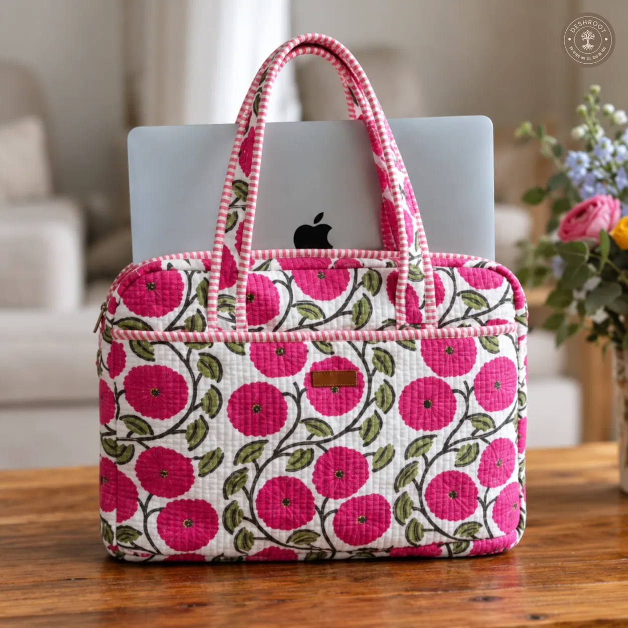 Pink Blossom Quilted Laptop Bag – Handcrafted Floral Cotton Laptop Bag